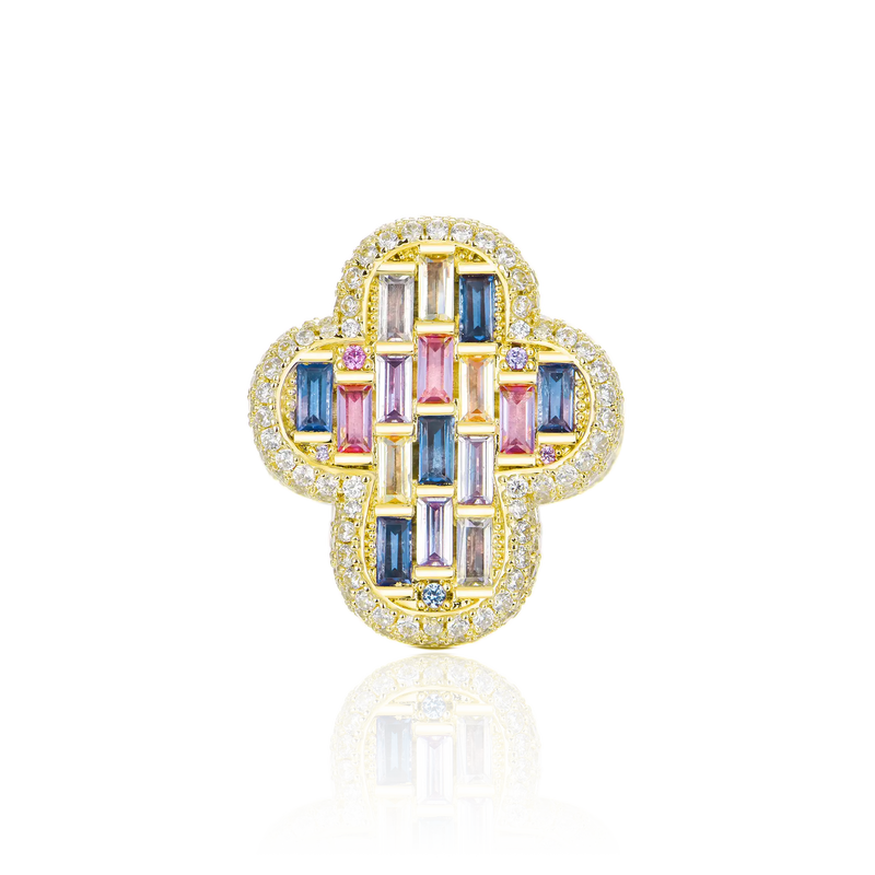 Iced Vitraux Vintage Rose Window Cross Ring - APORRO