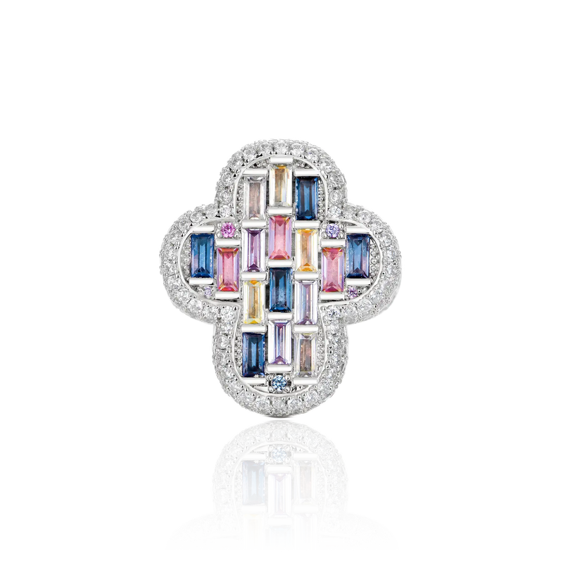 Iced Vitraux Vintage Rose Window Cross Ring - APORRO