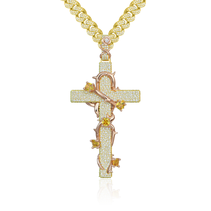 Pave Set Thorned Rose Cross Pendant - APORRO