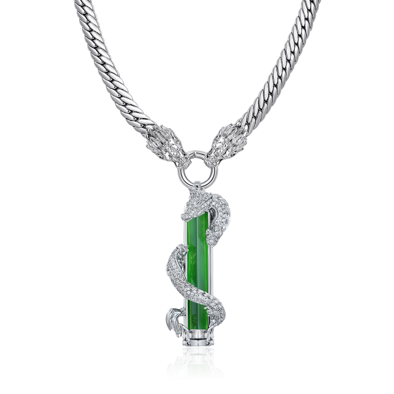 WONG Double Dragon Miami Cuban Chain + Pendant Gift Set (White Gold) - APORRO