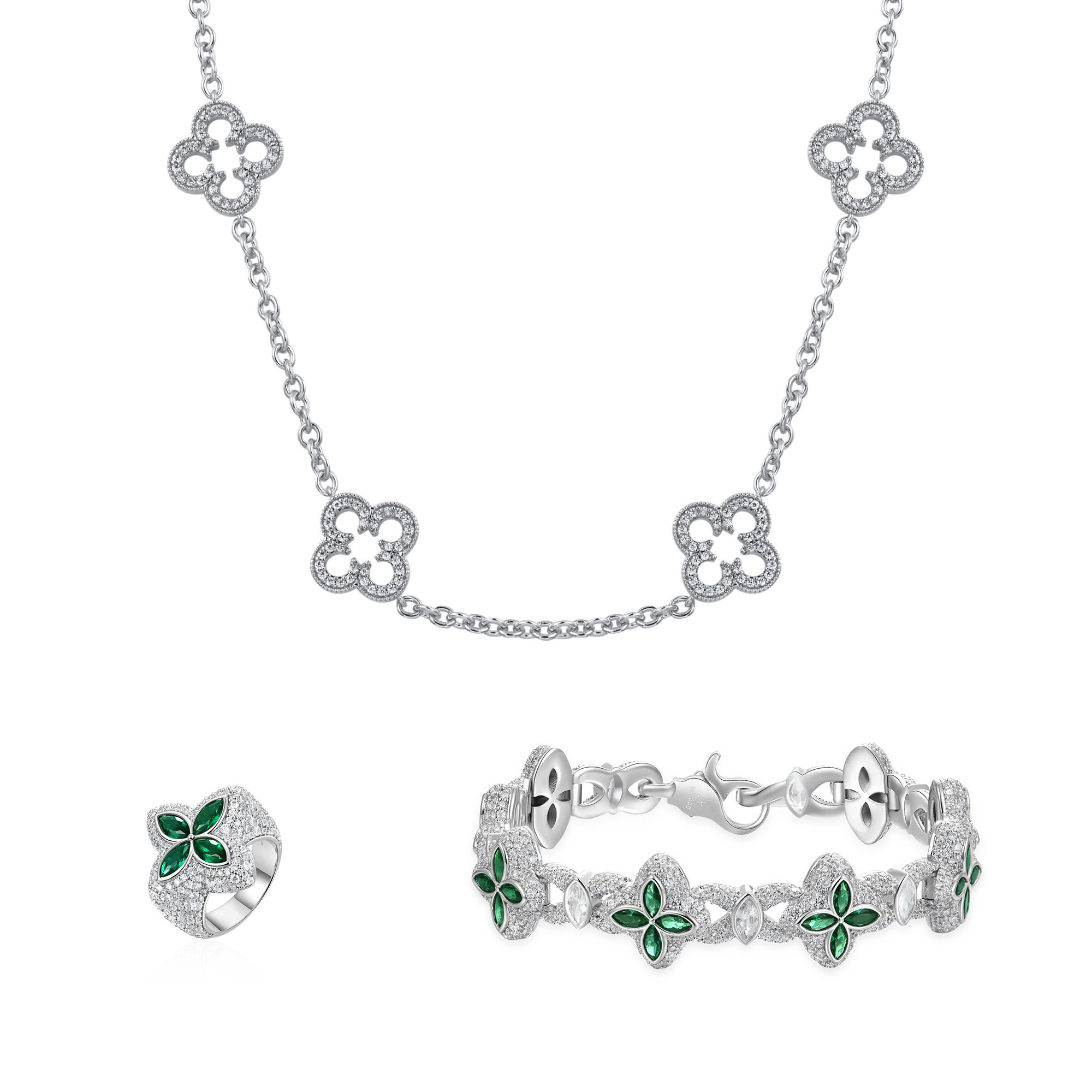 Iced Luminous Clover Ring and Bracelet Set + Iced Agyin Dawuru Necklace