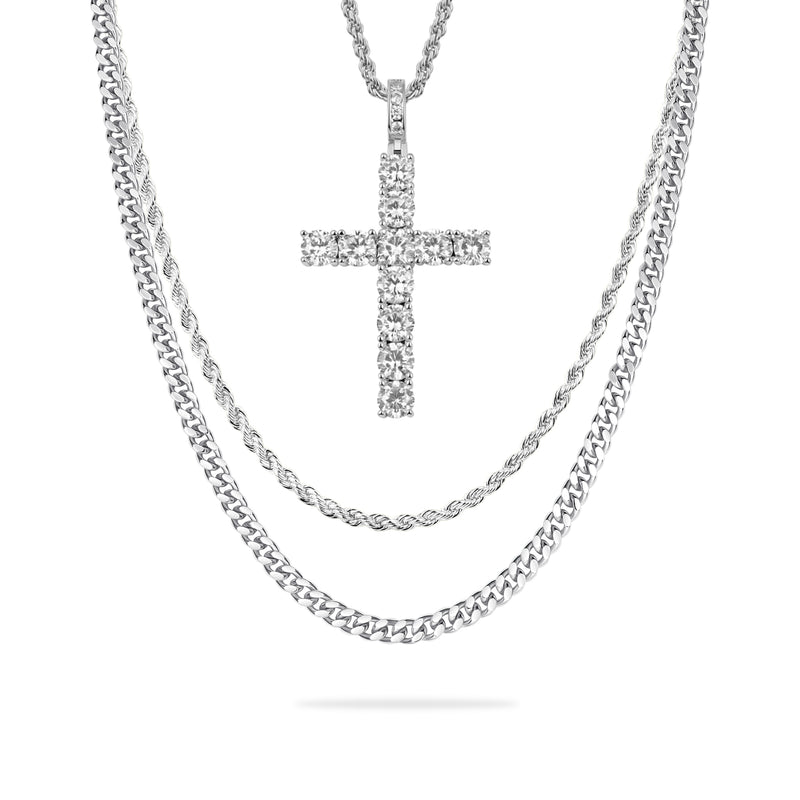 2.5mm Rope Chain + 3.5mm Cuban Link Chain + Cross Pendant Gift Set - APORRO