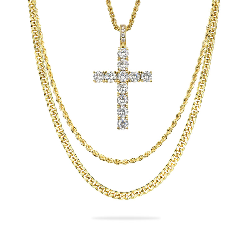 2.5mm Rope Chain + 3.5mm Cuban Link Chain + Cross Pendant Gift Set - APORRO