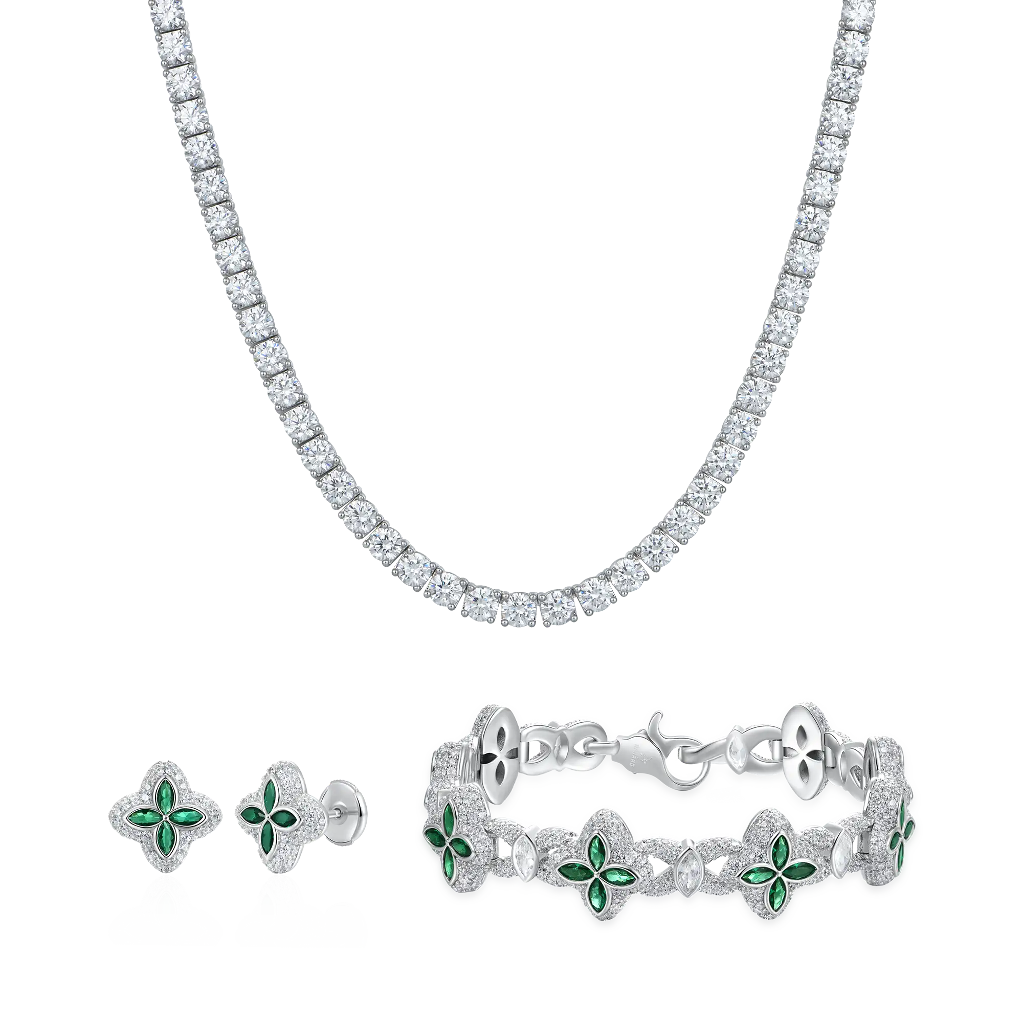 Tennis Chain & Clover Bracelet Earrings Set