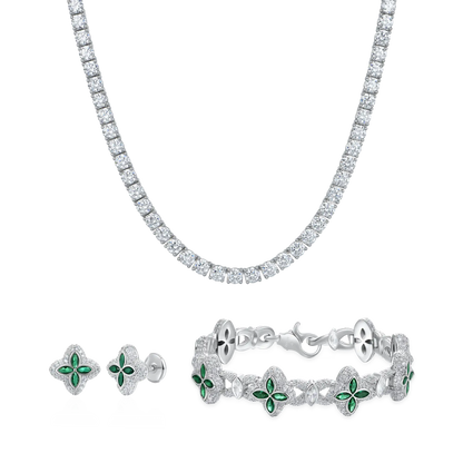 Tennis Chain & Clover Bracelet Earrings Set