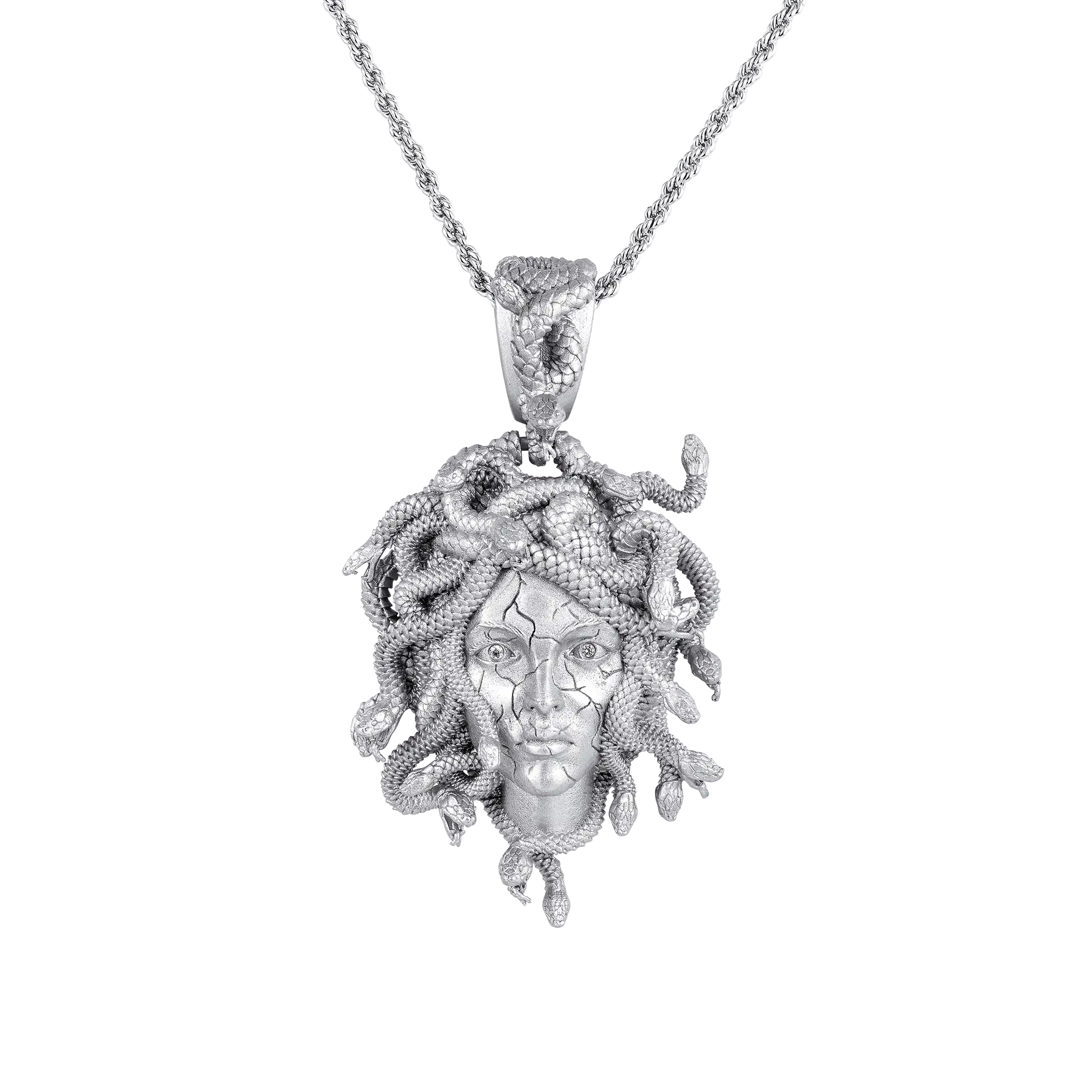 CZ Medusa Head 14K White sold Gold Plated Medallion Necklace + Free Rope Chain