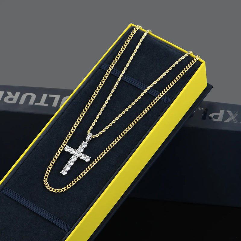 2.5mm Rope Chain + 3.5mm Cuban Link Chain + Cross Pendant Gift Set - APORRO