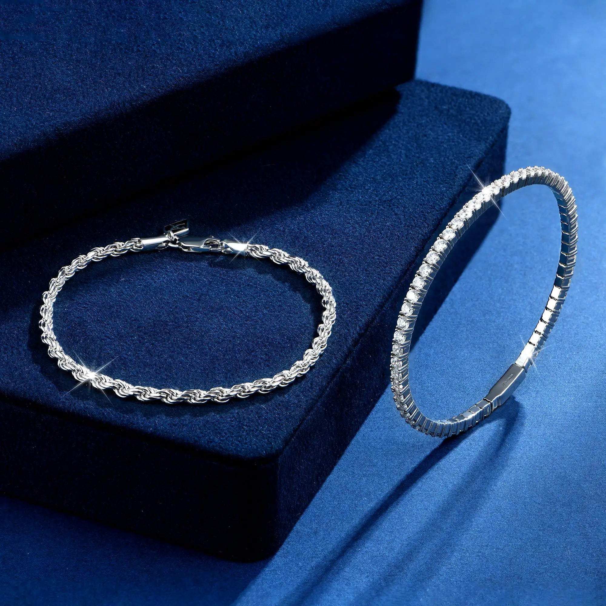 Spring Tennis Bracelet & Rope Bracelet Set - White Gold