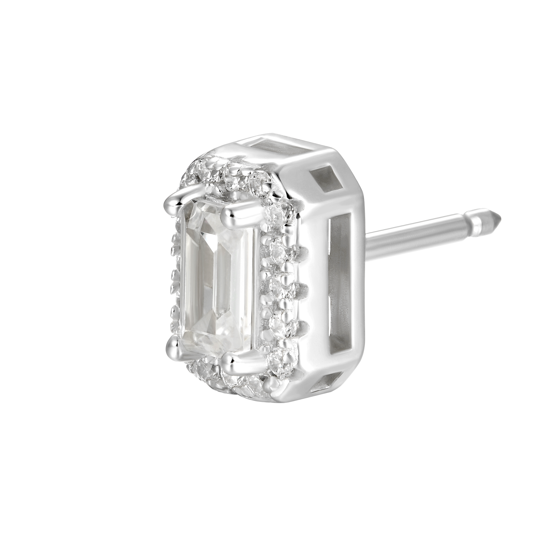 Single Emerald Cut Halo Stud Earring