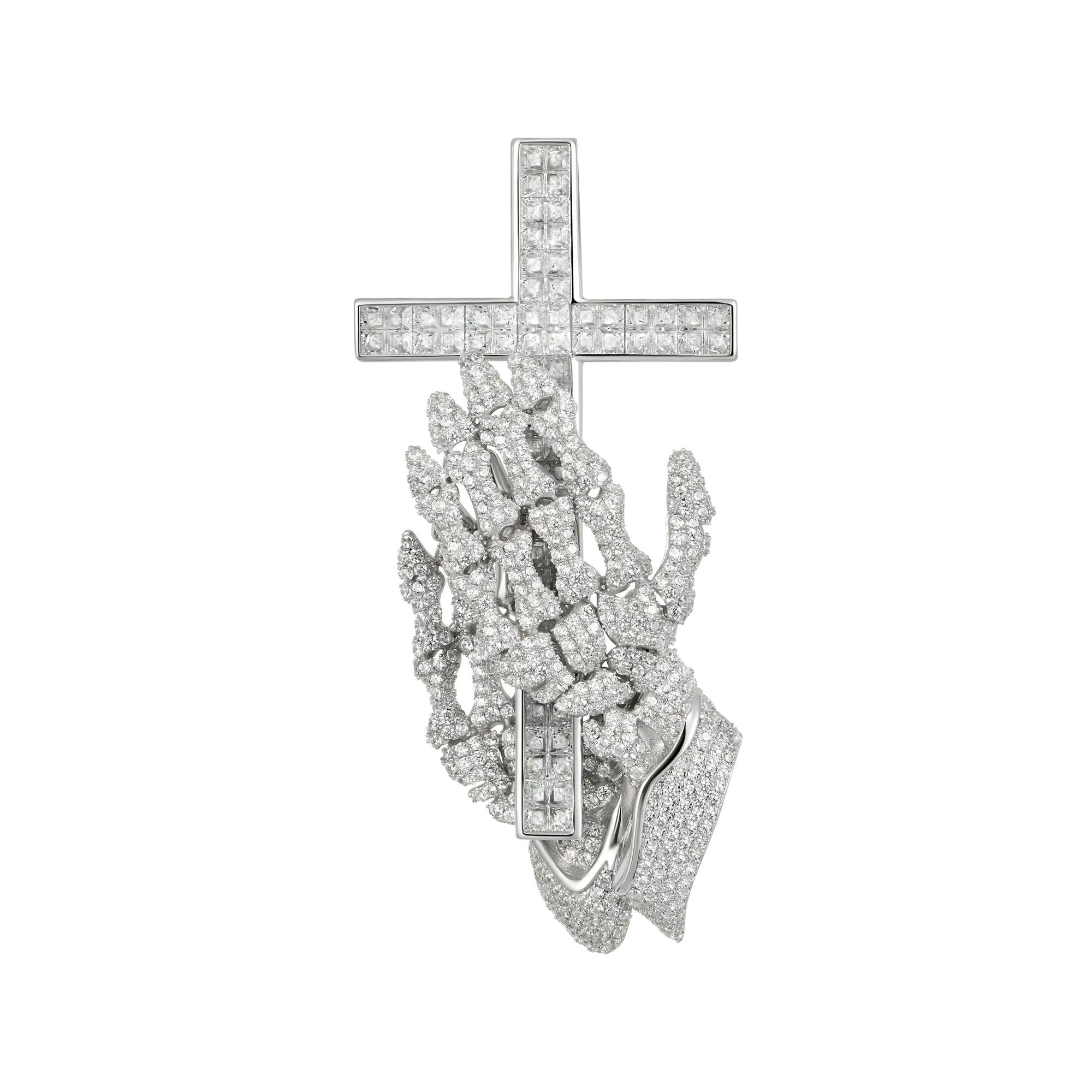 Praying Skeleton Hands Cross Pendant