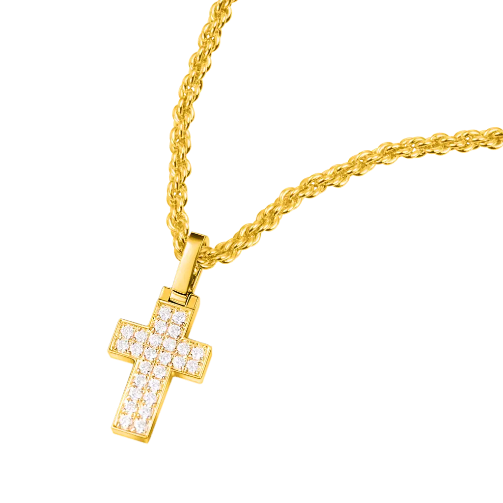 18K Solid Gold Diamond Cross Pendant - Micro