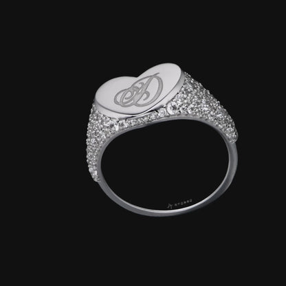 Custom Iced Heart Signet Ring - Letter