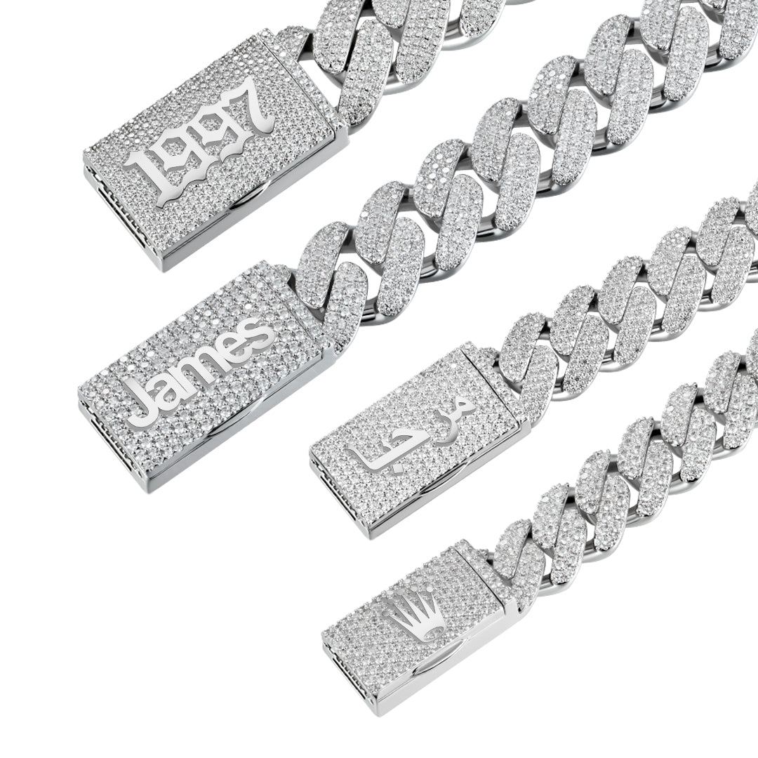 Custom Round Cut Cuban Link Name Necklace Chain - White Gold