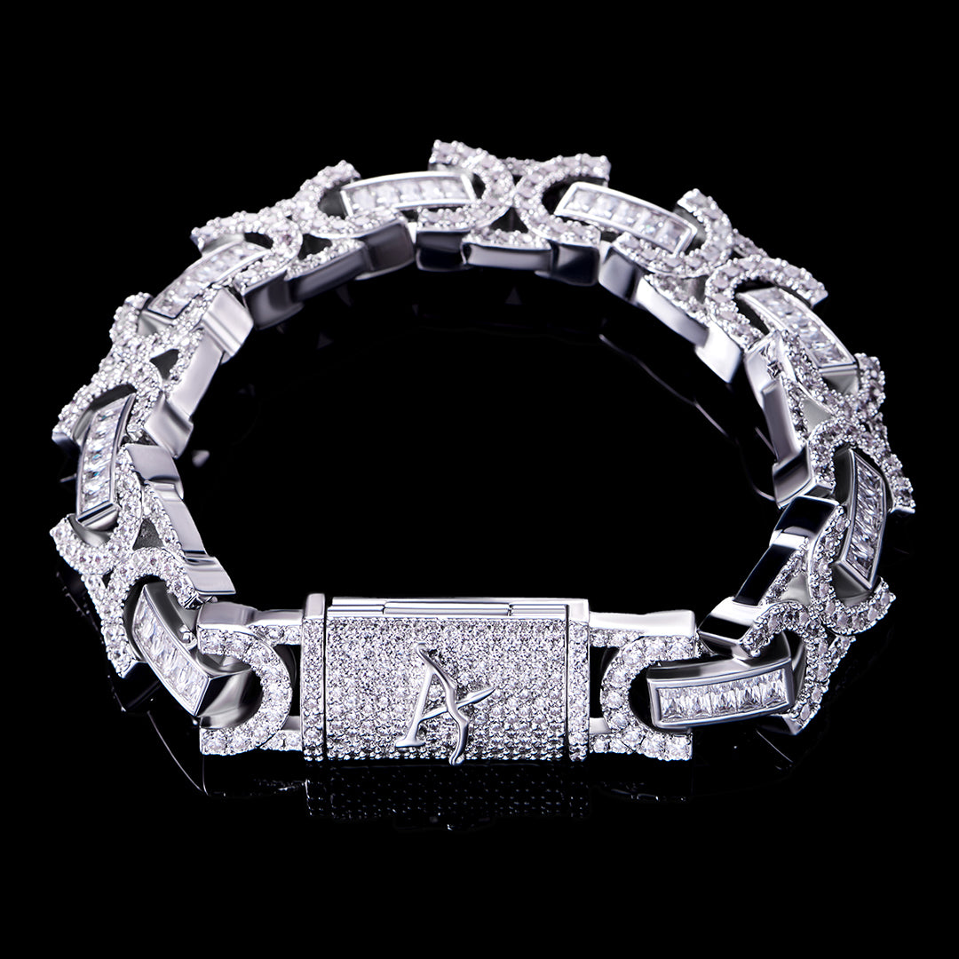 12mm White Gold Iced Box Clasp Byzantine Bracelet