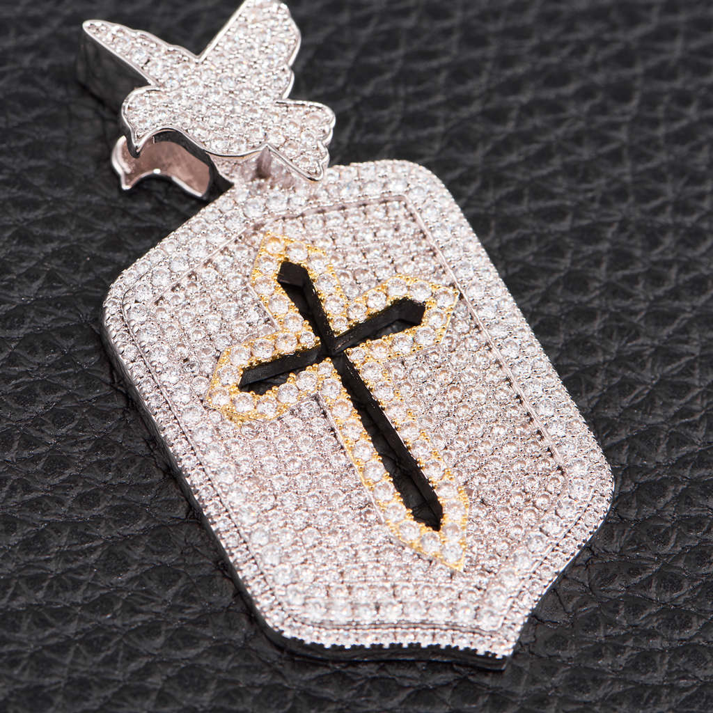 Iced Two Tone Cross Dog Tag Pendant [SHIP TO THE US ONLY]