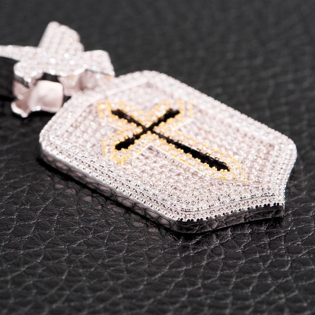 Iced Two Tone Cross Dog Tag Pendant [SHIP TO THE US ONLY]