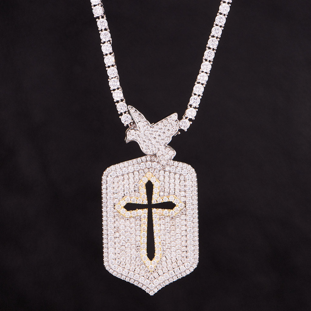 Iced Two Tone Cross Dog Tag Pendant [SHIP TO THE US ONLY]