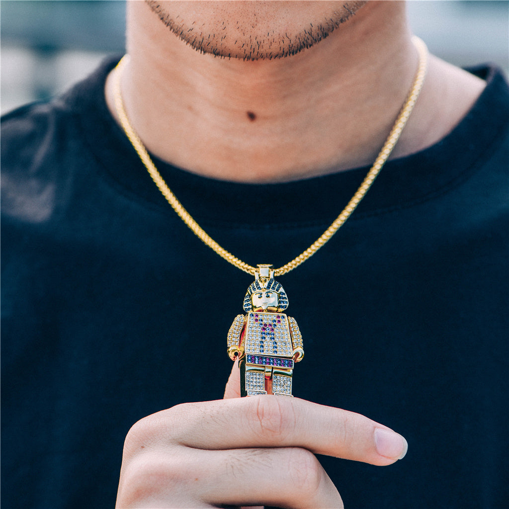 14K Gold Iced Pharaoh Block Pendant