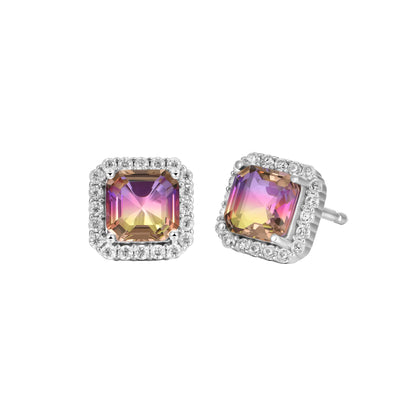 Emerald-Cut Purple and Yellow Gradient Tourmaline Halo Stud Earring