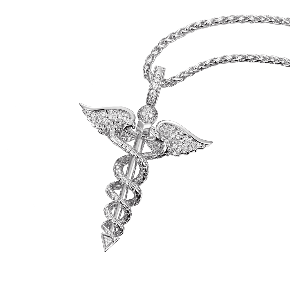 18K Gold/ White Gold Iced Moissanite Staff of Hermes Pendant-Aporro ...