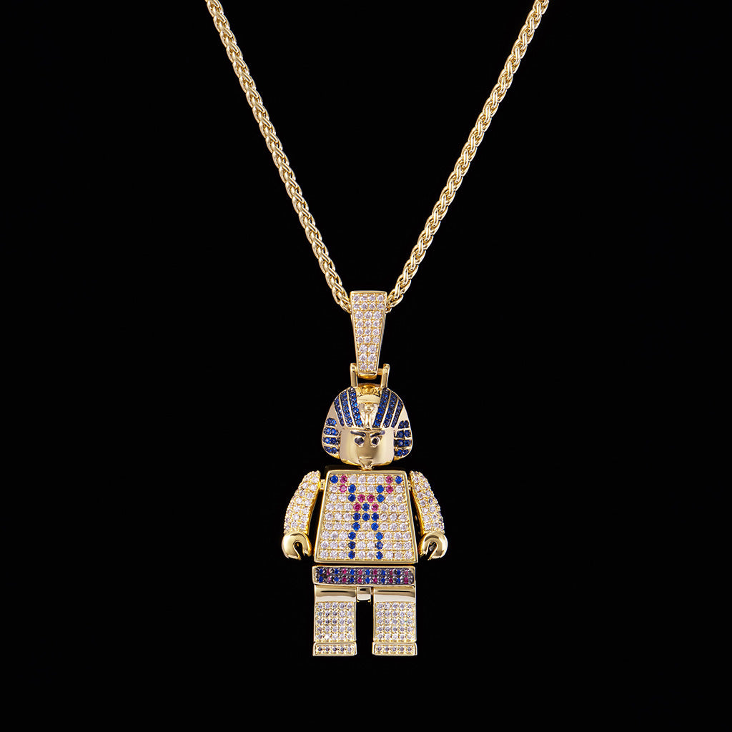 14K Gold Iced Pharaoh Block Pendant