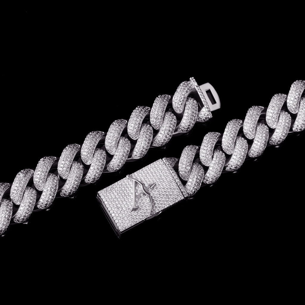 19mm White Gold 4-Row Gems Iced Cuban Link Chain